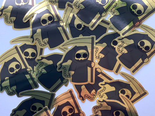 Grim Reaper Cat Sticker - Gold Chrome